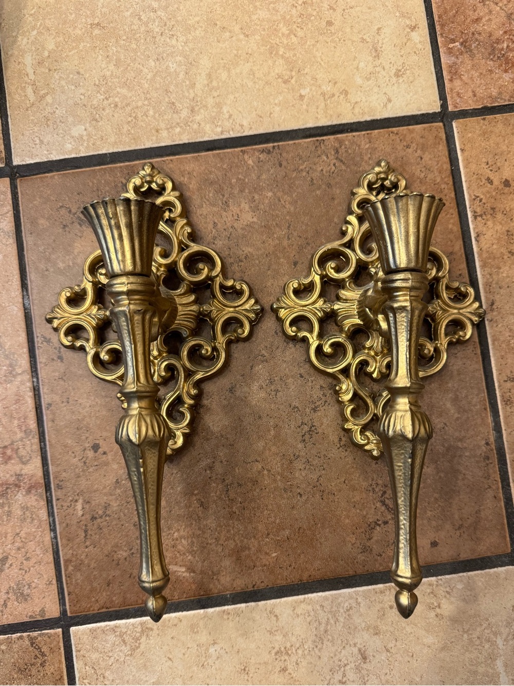 Pair of vintage Hollywood Regency gold metal candle holding wall sconces